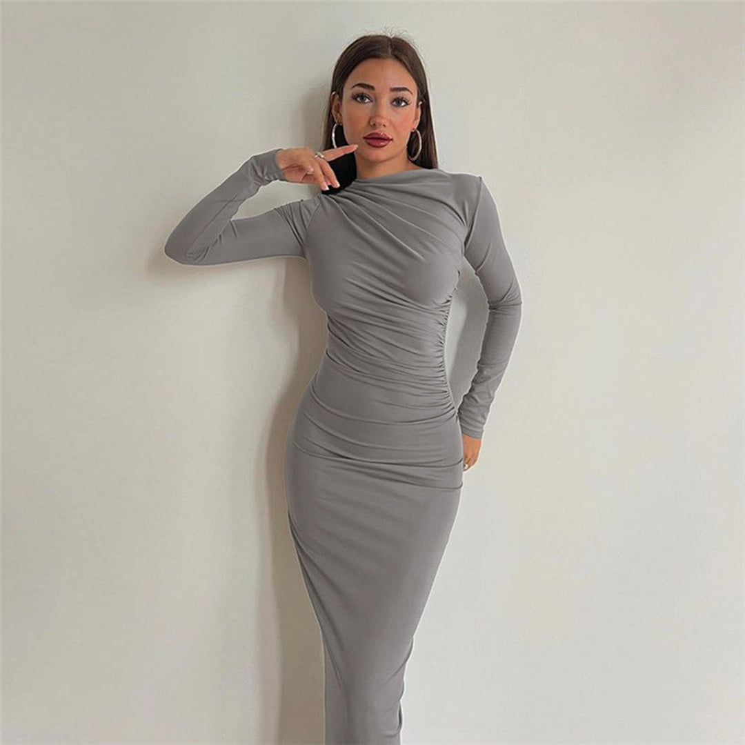 Damen figurbetontes Maxikleid mit hohem Kragen und seitlicher Raffung Nord Taschen