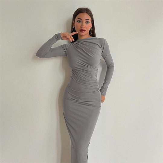 Damen figurbetontes Maxikleid mit hohem Kragen und seitlicher Raffung Nord Taschen