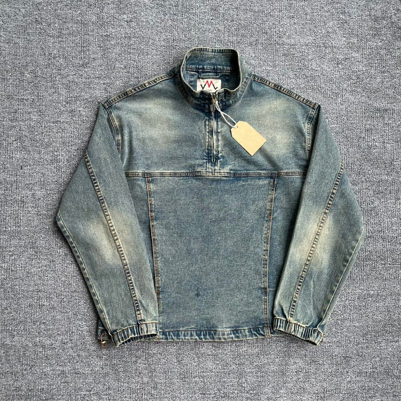 Herren Denim-Pulloverjacke im Vintage-Look mit Halbzip und Stehkragen Nord Taschen