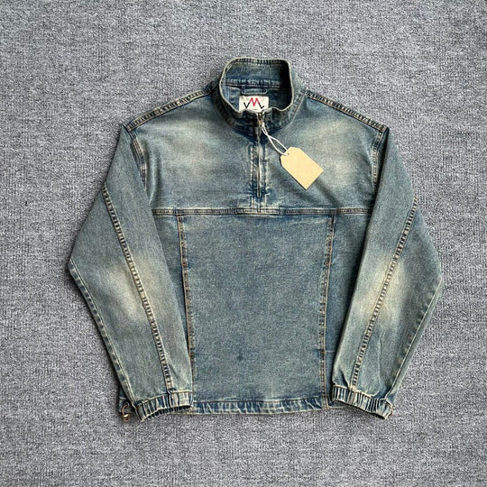 Herren Denim-Pulloverjacke im Vintage-Look mit Halbzip und Stehkragen Nord Taschen