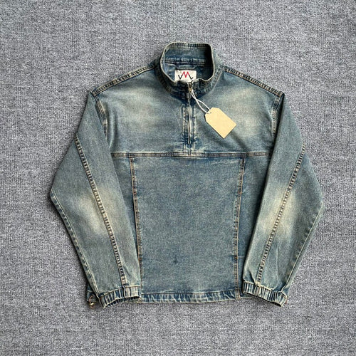 Herren Denim-Pulloverjacke im Vintage-Look mit Halbzip und Stehkragen Nord Taschen