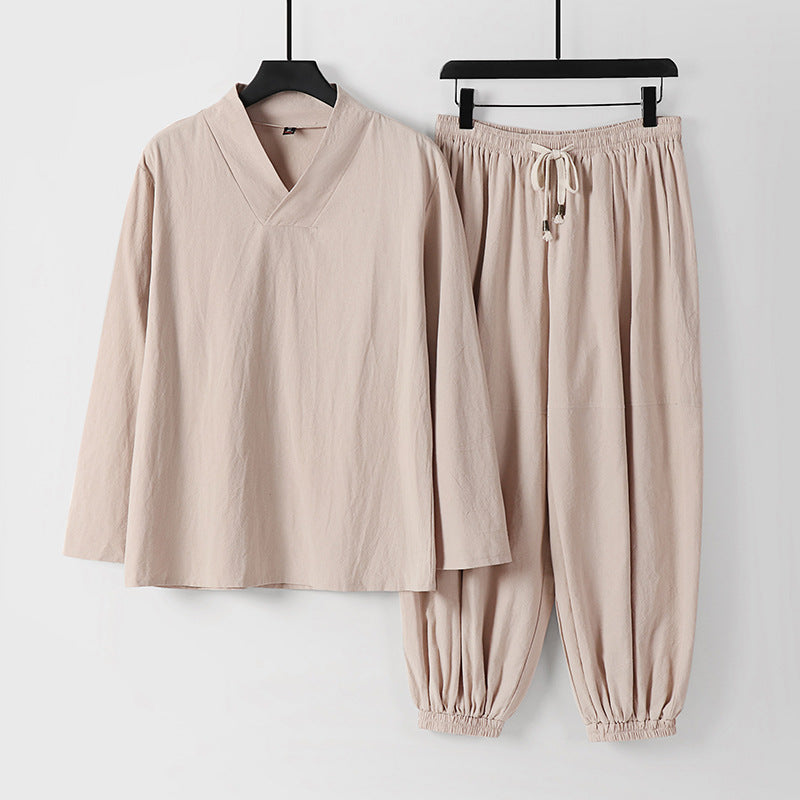Herren Lockeres Leinen-Loungewear-Set mit V-Ausschnitt elastischem Bund und gerafften Knöcheln Nord Taschen