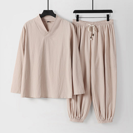 Herren Lockeres Leinen-Loungewear-Set mit V-Ausschnitt elastischem Bund und gerafften Knöcheln Nord Taschen