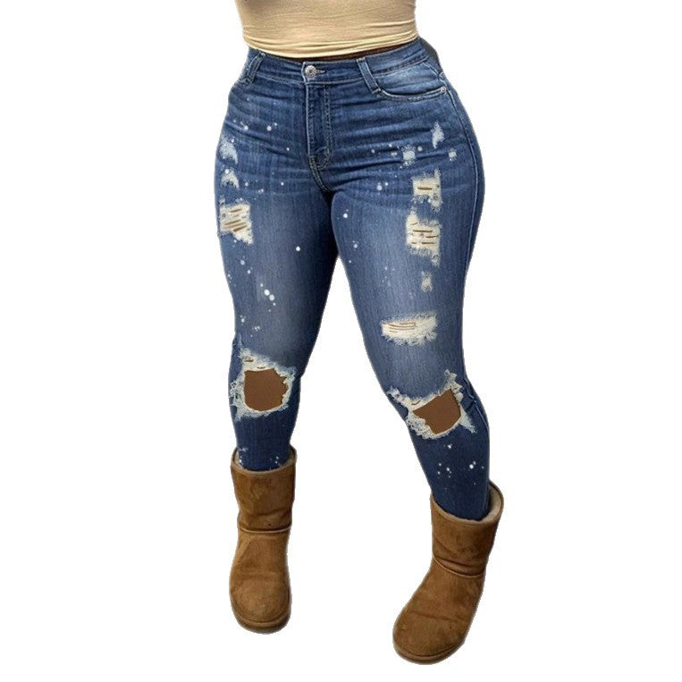 Damen hochgeschnittene enggeschnittene Superstretch-Jeans mit Used-Knierissen und Paint-Splatter Nord Taschen
