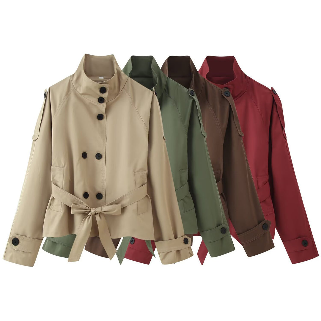 Damen 400+ kurzer taillierter Trenchblouson mit Stehkragen, doppelreihiger Knopfleiste und Bindegürtel Nord Taschen