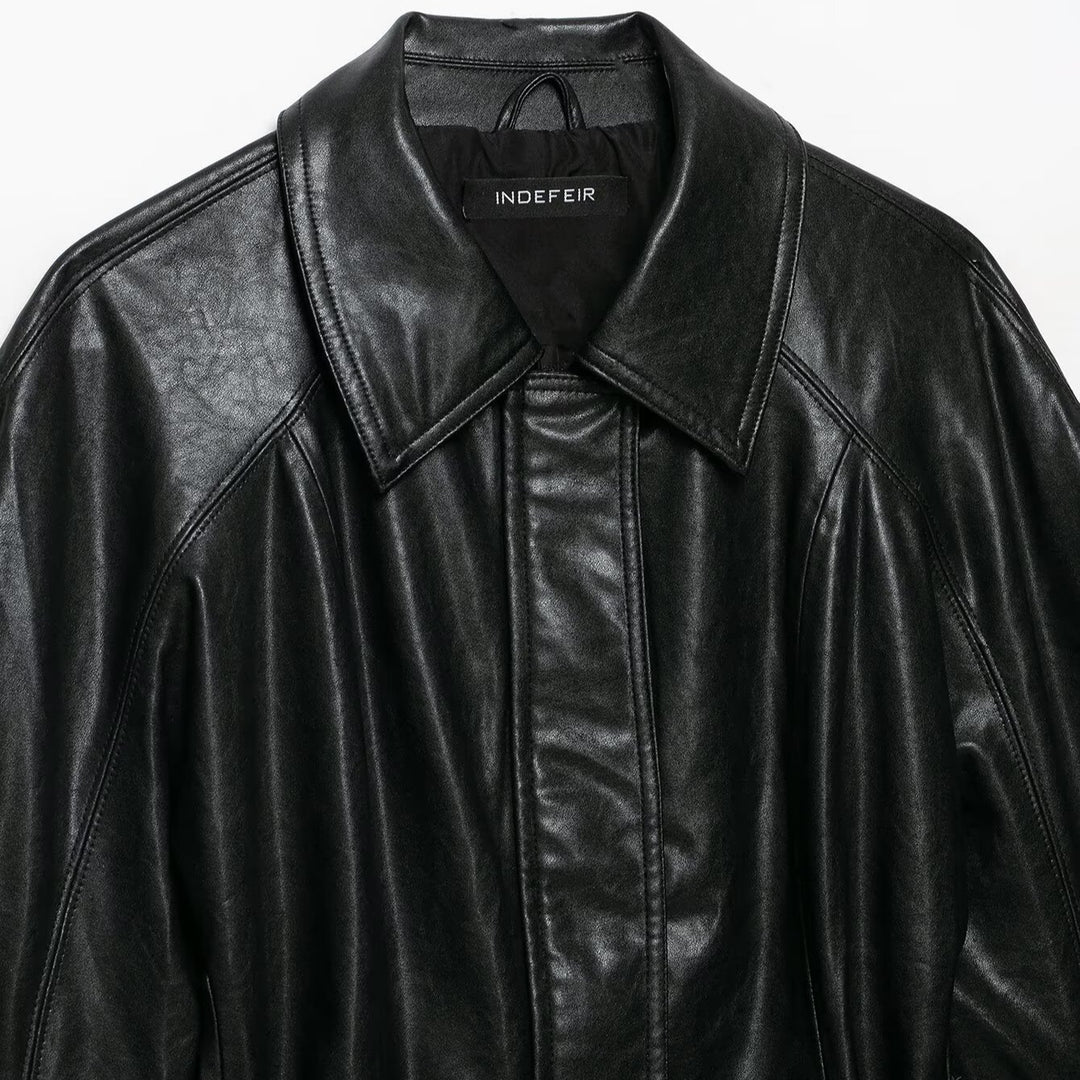 Damen Kurzjacke aus veganem Leder mit Taillen-Bindegürtel und überschnittener Raglanärmelkonstruktion Nord Taschen