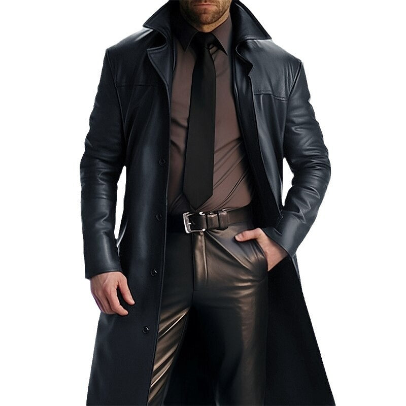 Herren Langer Ledermantel mit Hemdkragen, tailliertem Schnitt und verdeckter Knopfleiste Nord Taschen
