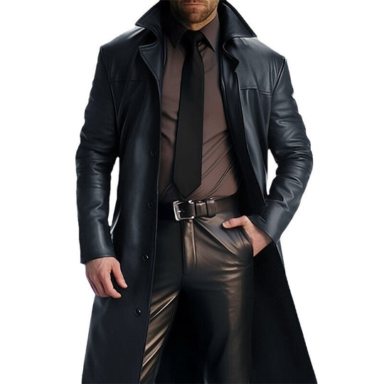 Herren Langer Ledermantel mit Hemdkragen, tailliertem Schnitt und verdeckter Knopfleiste Nord Taschen