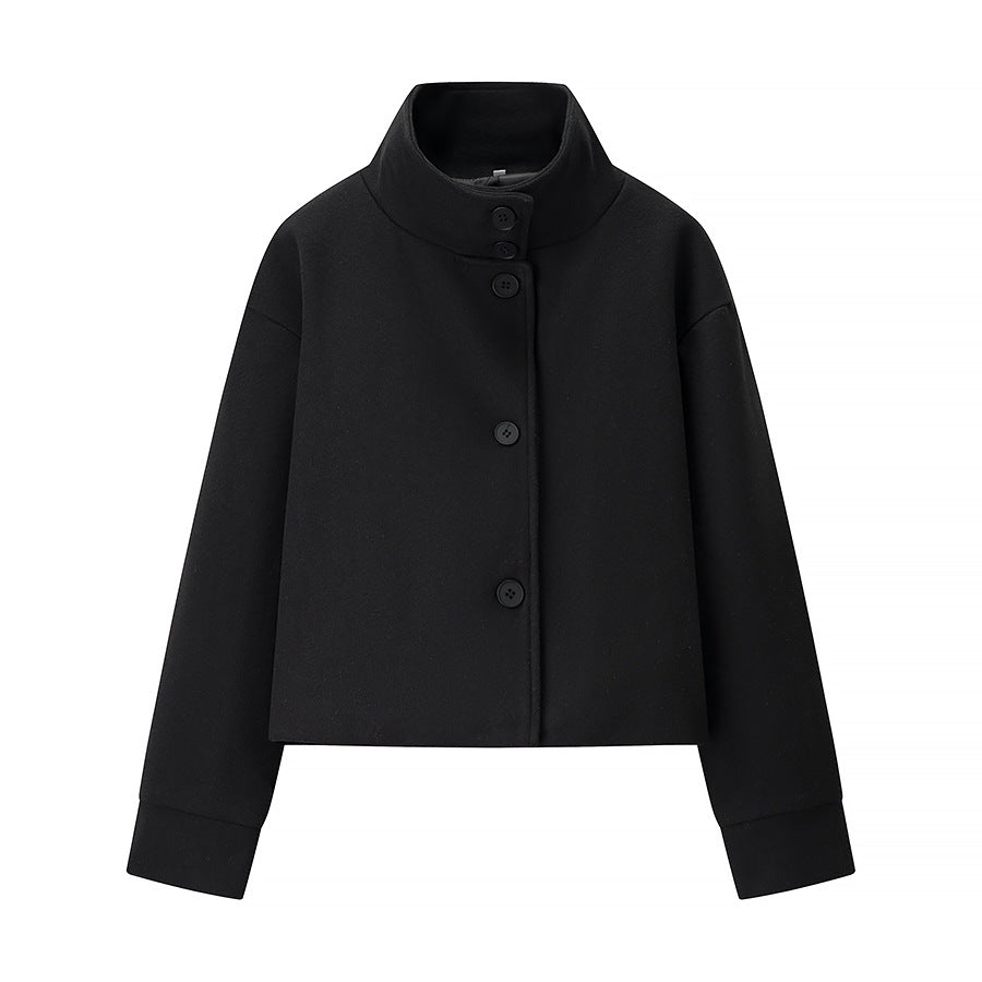 Damen 100+ kurz geschnittene Wollmix‑Boxyjacke mit Stehkragen und verdeckter Knopfleiste Nord Taschen