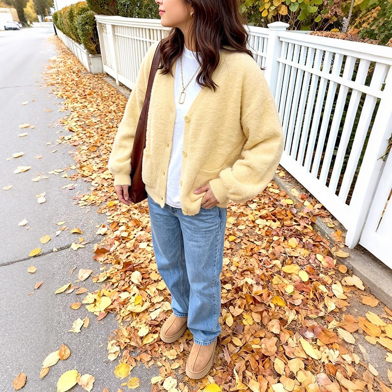 Damen Kuschelige Oversize-Cardigan aus Teddy-Fleece mit V-Ausschnitt, aufgesetzten Taschen & Rippbündchen Nord Taschen