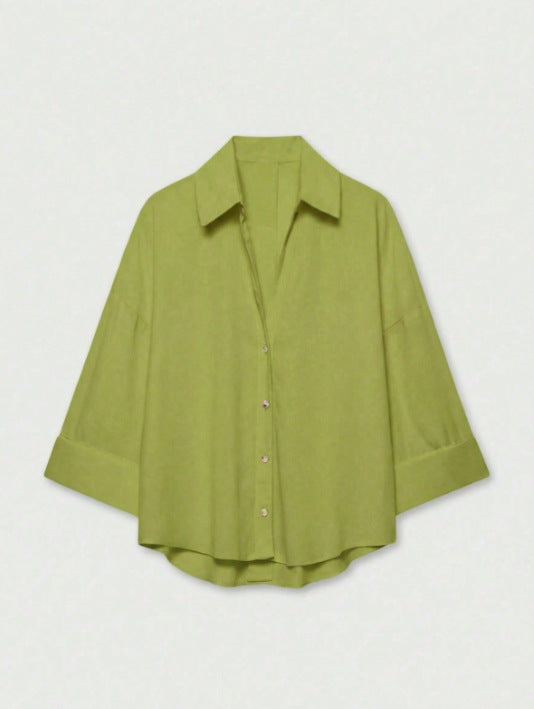 Damen Leichte Oversize Leinenoptik Bluse mit Dreiviertelärmeln und durchgehender Knopfleiste Nord Taschen
