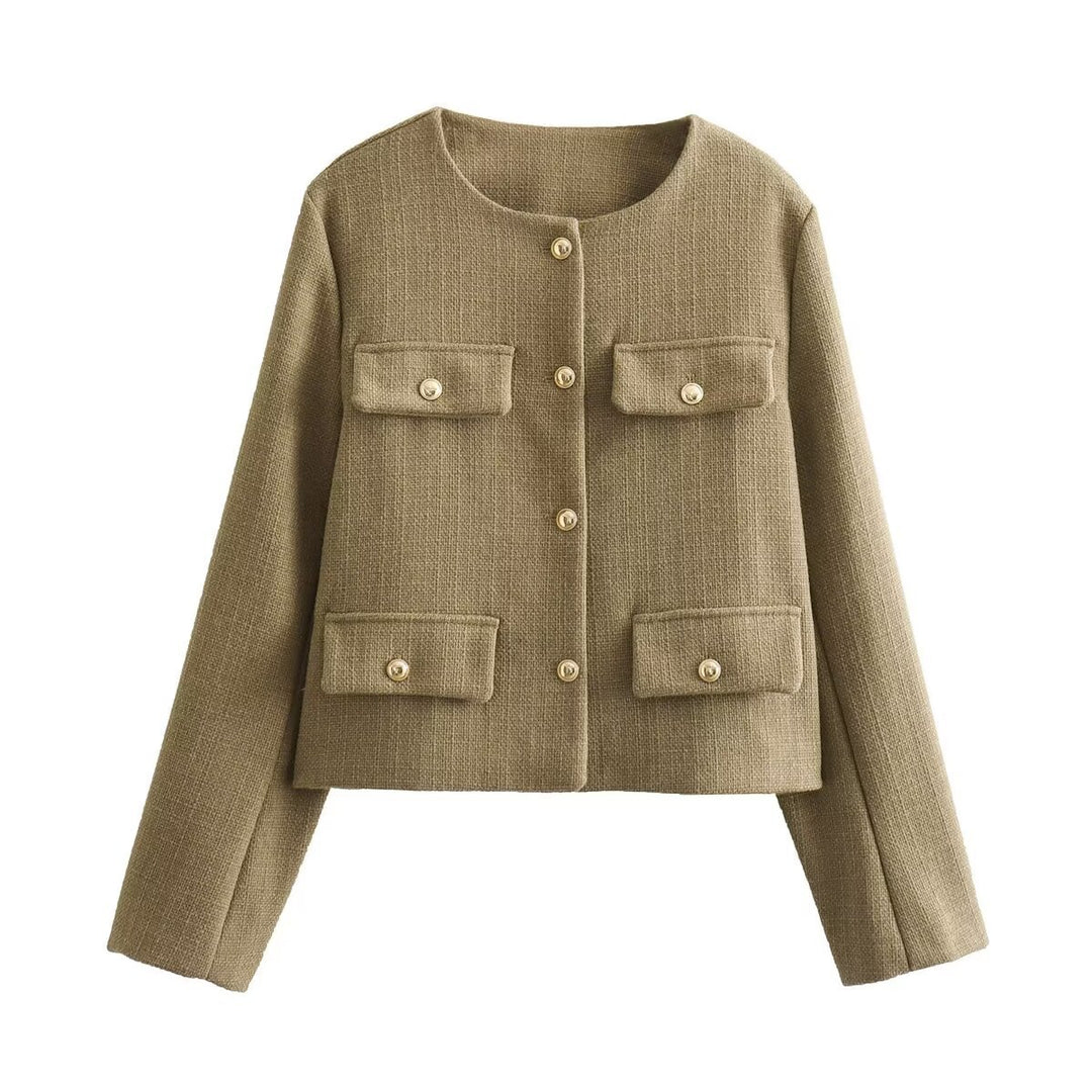 Damen Bouclé-Cropped-Jacke mit vier Pattentaschen und goldenen Schmuckknöpfen Nord Taschen