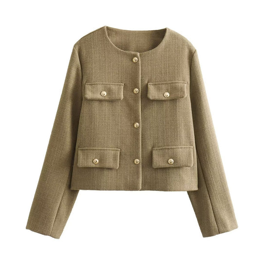Damen Bouclé-Cropped-Jacke mit vier Pattentaschen und goldenen Schmuckknöpfen Nord Taschen