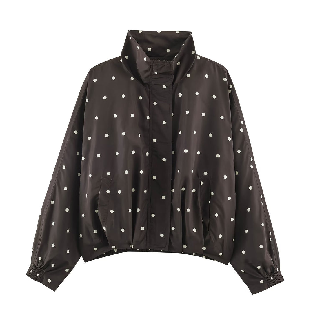 Damen Oversize-Windbreaker mit Tupfen-Print, hohem Stehkragen und elastischem Saum Nord Taschen