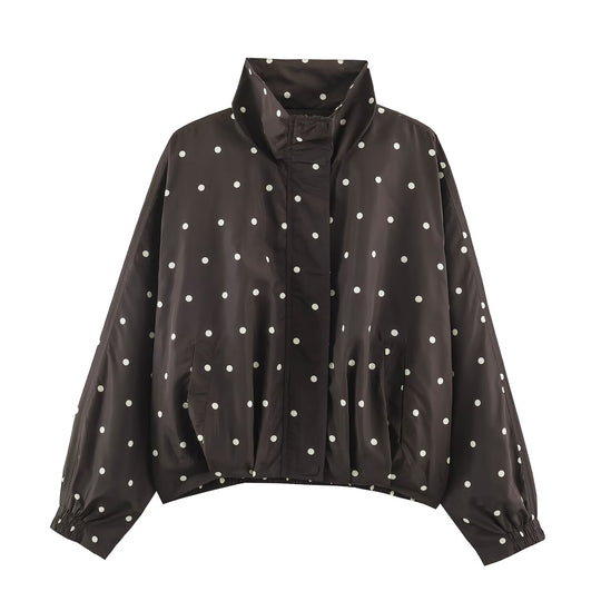Damen Oversize-Windbreaker mit Tupfen-Print, hohem Stehkragen und elastischem Saum Nord Taschen