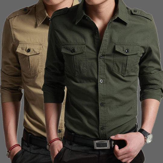 Herren Slim-Fit Baumwoll-Mix Utility-Hemd mit Schulterklappen und Brustpattentaschen Nord Taschen