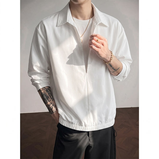 Damen Oversize-Bluse mit tiefem V-Ausschnitt, Hemdkragen und elastischem Saum Nord Taschen