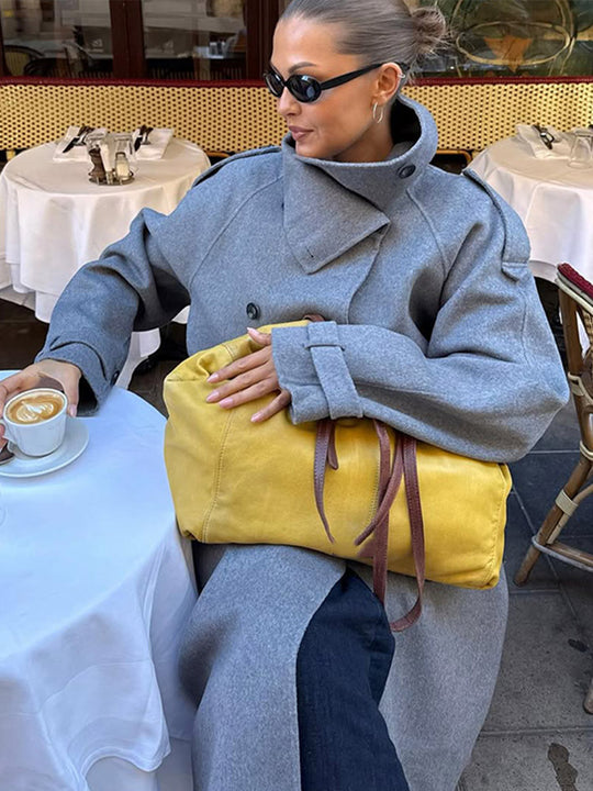 Damen Oversize Mantel aus Wollmix mit hohem Stehkragen und asymmetrischer Knopfleiste Nord Taschen