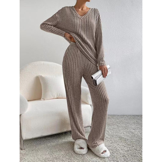 Damen Gemütliches Rippstrick-Loungewear-Set mit V-Ausschnitt und weitem Bein Nord Taschen
