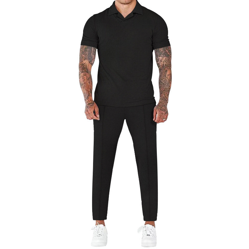 Herren elegantes Kurzarm-Hemd- und Hose-Set mit strukturiertem Design und komfortabler Passform - Arvani