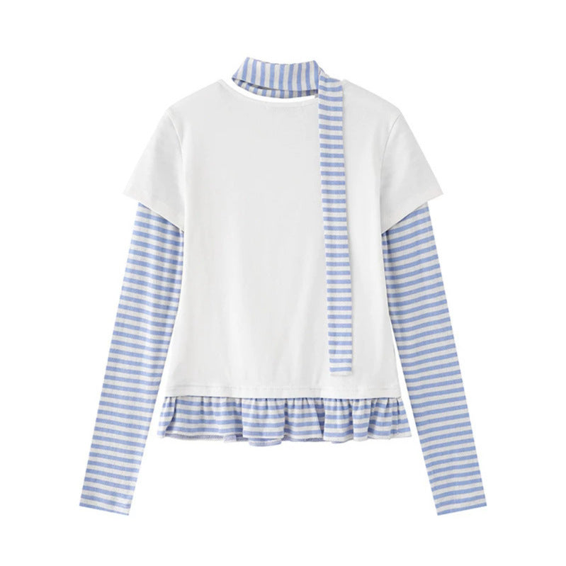 Damen Lagen-Langarmshirt mit Streifen-Ärmeln, Sternenprint, Volant-Saum und Schal-Detail Nord Taschen