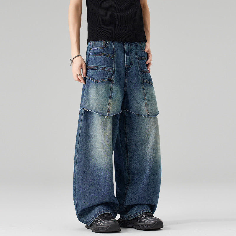 Damen Extraweite Denim-Palazzo-Hose mit aufgesetzten Vorderpanelen und Used-Waschung Nord Taschen