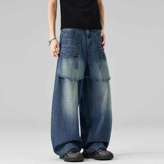 Damen Extraweite Denim-Palazzo-Hose mit aufgesetzten Vorderpanelen und Used-Waschung Nord Taschen