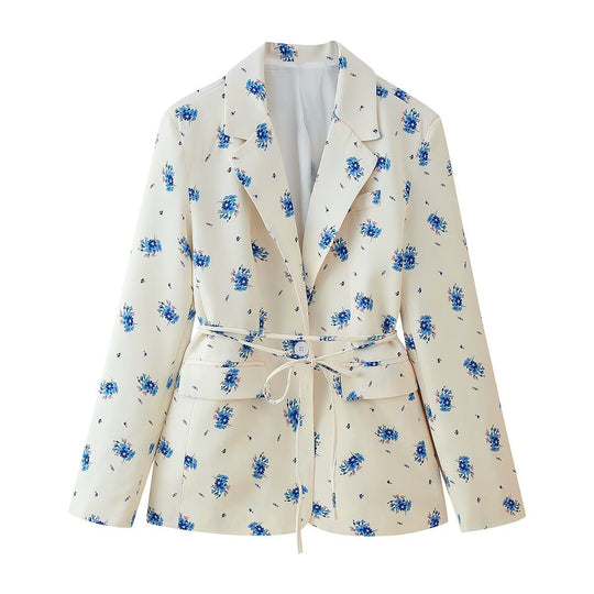 Damen taillierter Blazer mit floralem Alloverprint, Bindegürtel und Pattentaschen Nord Taschen