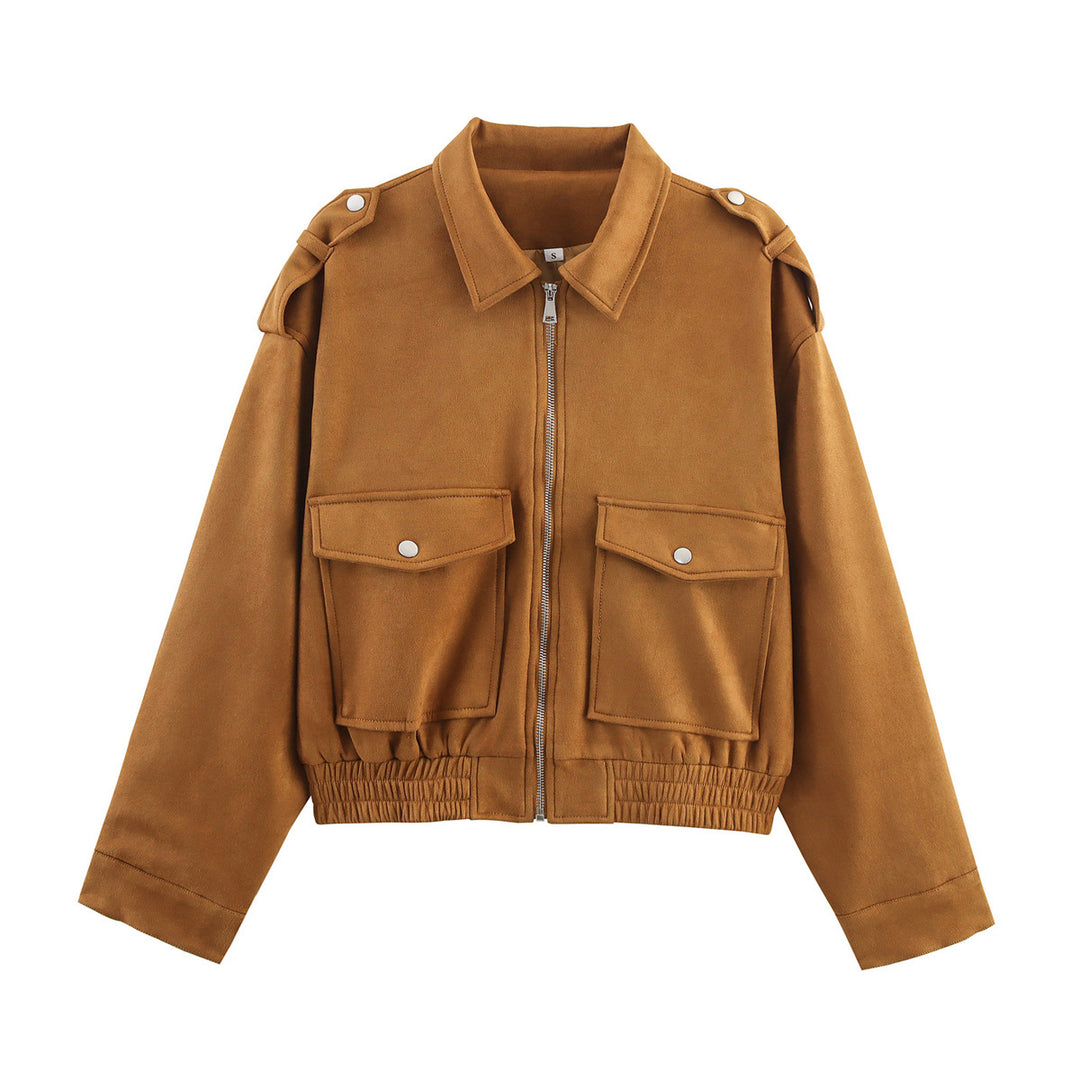 Damen 90+ kurze Wildlederoptik-Blousonjacke mit Pattentaschen, Reißverschluss und Schulterklappen Nord Taschen