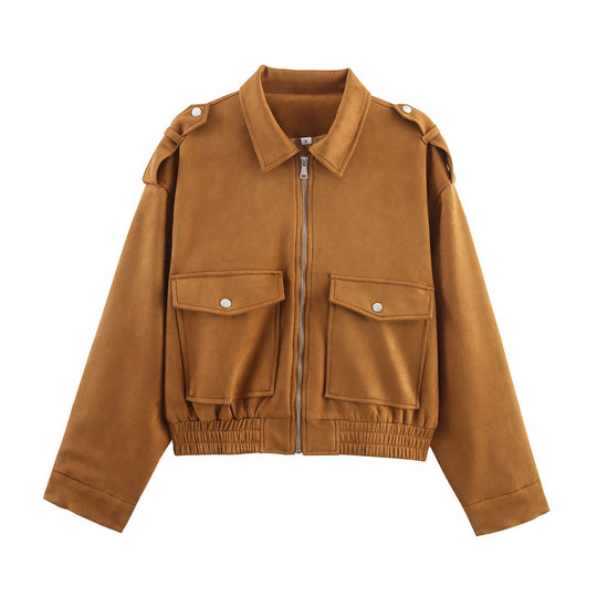 Damen 90+ kurze Wildlederoptik-Blousonjacke mit Pattentaschen, Reißverschluss und Schulterklappen Nord Taschen