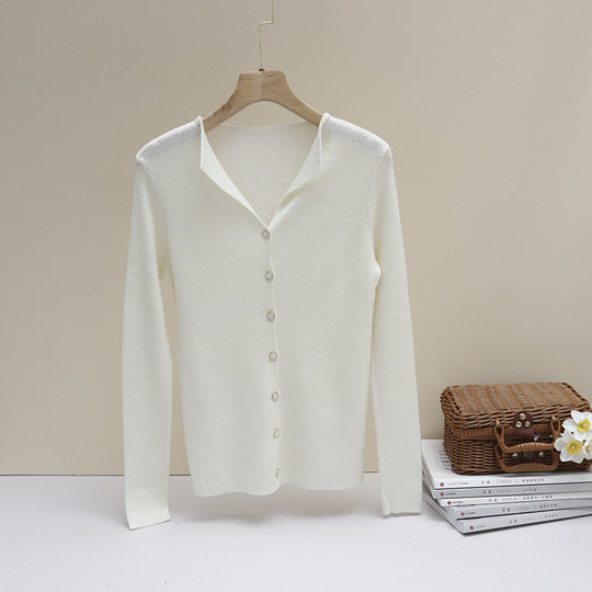 Damen Leichter Feinstrick-Cardigan mit offenem Hemdkragen und schimmernder Knopfleiste Nord Taschen