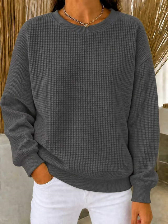 Damen Lockeres Waffelstrick-Sweatshirt mit Rundhalsausschnitt und Rippbündchen Nord Taschen