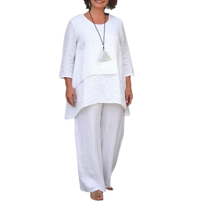 Damen Lässiges Zweiteiliges Leinen-Set mit Oversize-Tunika und weiter Palazzo-Hose Nord Taschen