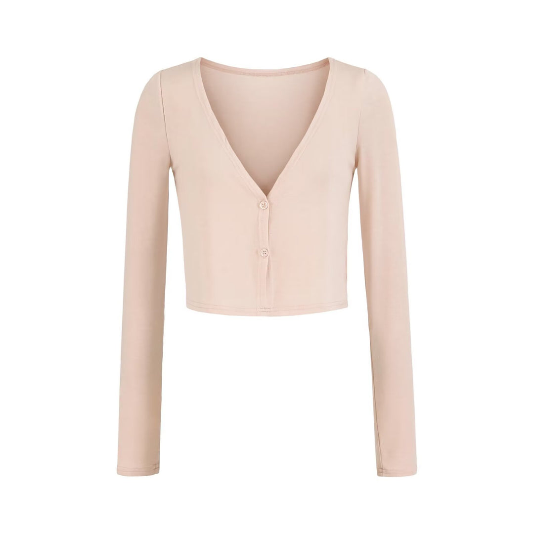 Damen Kurzer Feinstrick-Cardigan mit tiefem V-Ausschnitt und knöpfbarer Front Nord Taschen