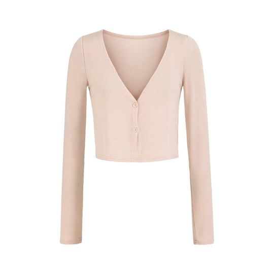 Damen Kurzer Feinstrick-Cardigan mit tiefem V-Ausschnitt und knöpfbarer Front Nord Taschen