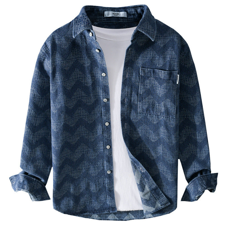 Herren Indigo-Struktur-Overshirt aus gewaschenem Denim mit Zickzack-Jacquard, Kentkragen und Brusttasche Nord Taschen