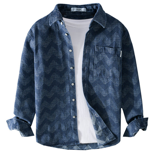 Herren Indigo-Struktur-Overshirt aus gewaschenem Denim mit Zickzack-Jacquard, Kentkragen und Brusttasche Nord Taschen