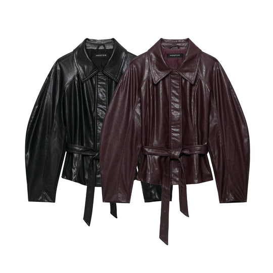 Damen Kurzjacke aus veganem Leder mit Taillen-Bindegürtel und überschnittener Raglanärmelkonstruktion Nord Taschen