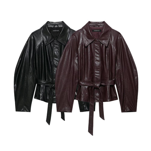 Damen Kurzjacke aus veganem Leder mit Taillen-Bindegürtel und überschnittener Raglanärmelkonstruktion Nord Taschen