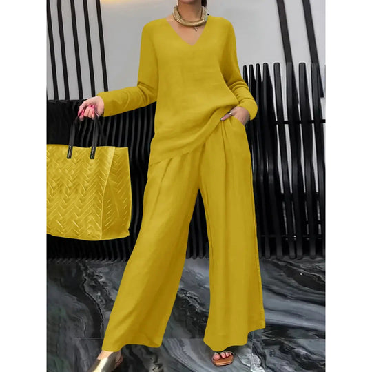 Damen Feiner V-Ausschnitt Strickpullover mit fließender Palazzo-Hose Nord Taschen