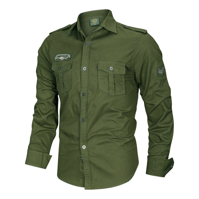Herren  militärisch inspiriertes Langarmhemd aus Baumwollmischung mit Brustklappentaschen und Schulterpatten Nord Taschen