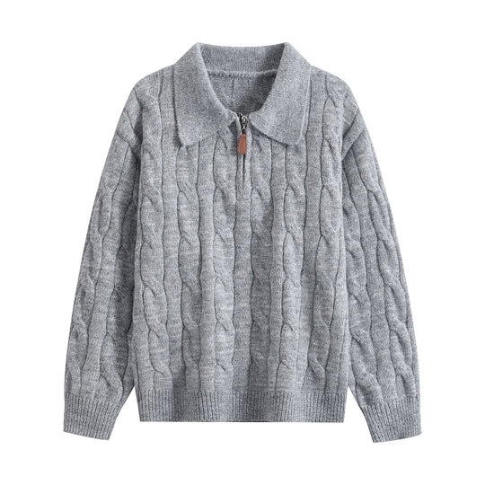 Damen Grobgestrickter Troyer-Pullover mit Halbreißverschluss & Oversize-Kragen Nord Taschen