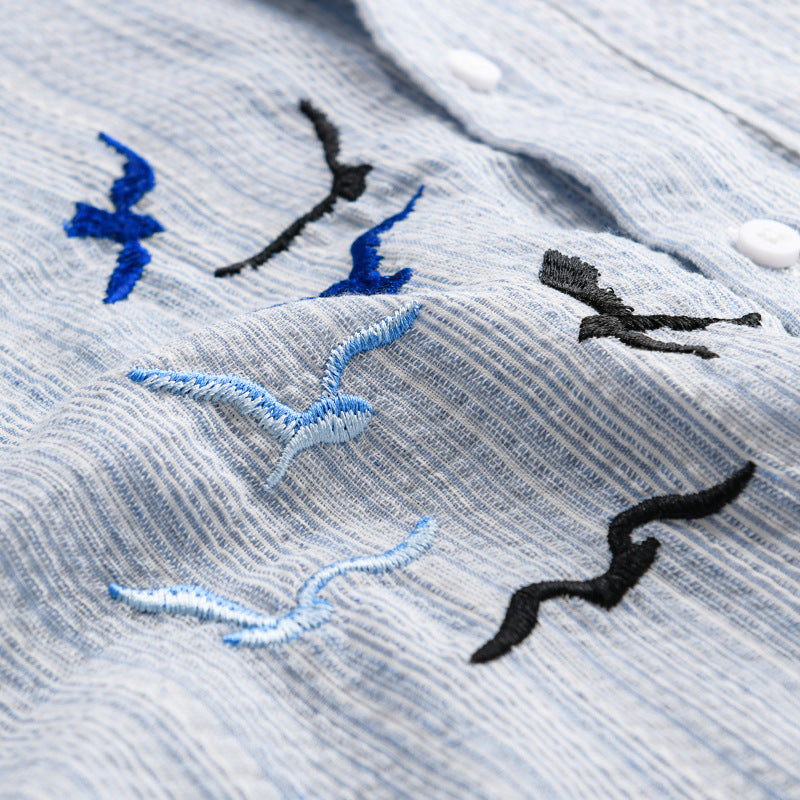 Herren Leichtes gestreiftes Overshirt aus Leinen-Baumwollmix mit Vogelstickerei Nord Taschen