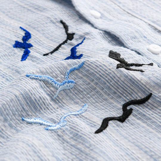 Herren Leichtes gestreiftes Overshirt aus Leinen-Baumwollmix mit Vogelstickerei Nord Taschen