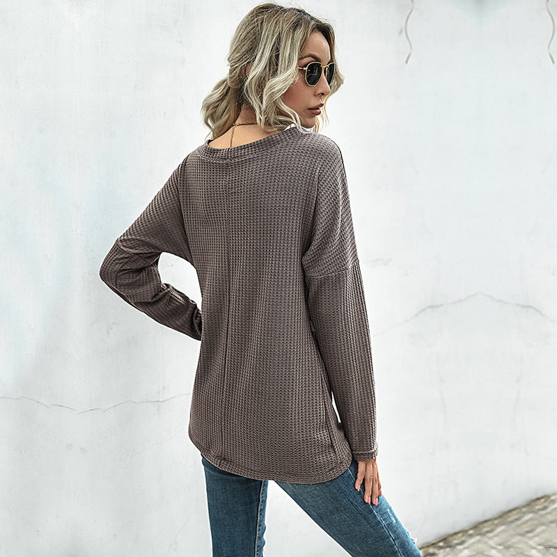 Damen Waffelstrick Wickelshirt mit V-Ausschnitt und langen Ärmeln Nord Taschen