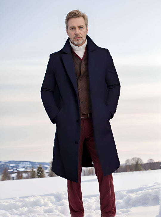 Herren Langer taillierter Mantel mit breitem Revers und edler Wollmischung Nord Taschen