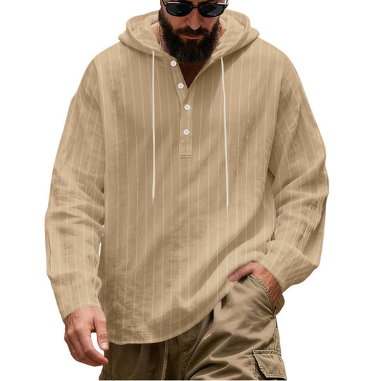 Herren Lässiges Kapuzen-Henleyshirt mit feinen Nadelstreifen und Knopfleiste Nord Taschen