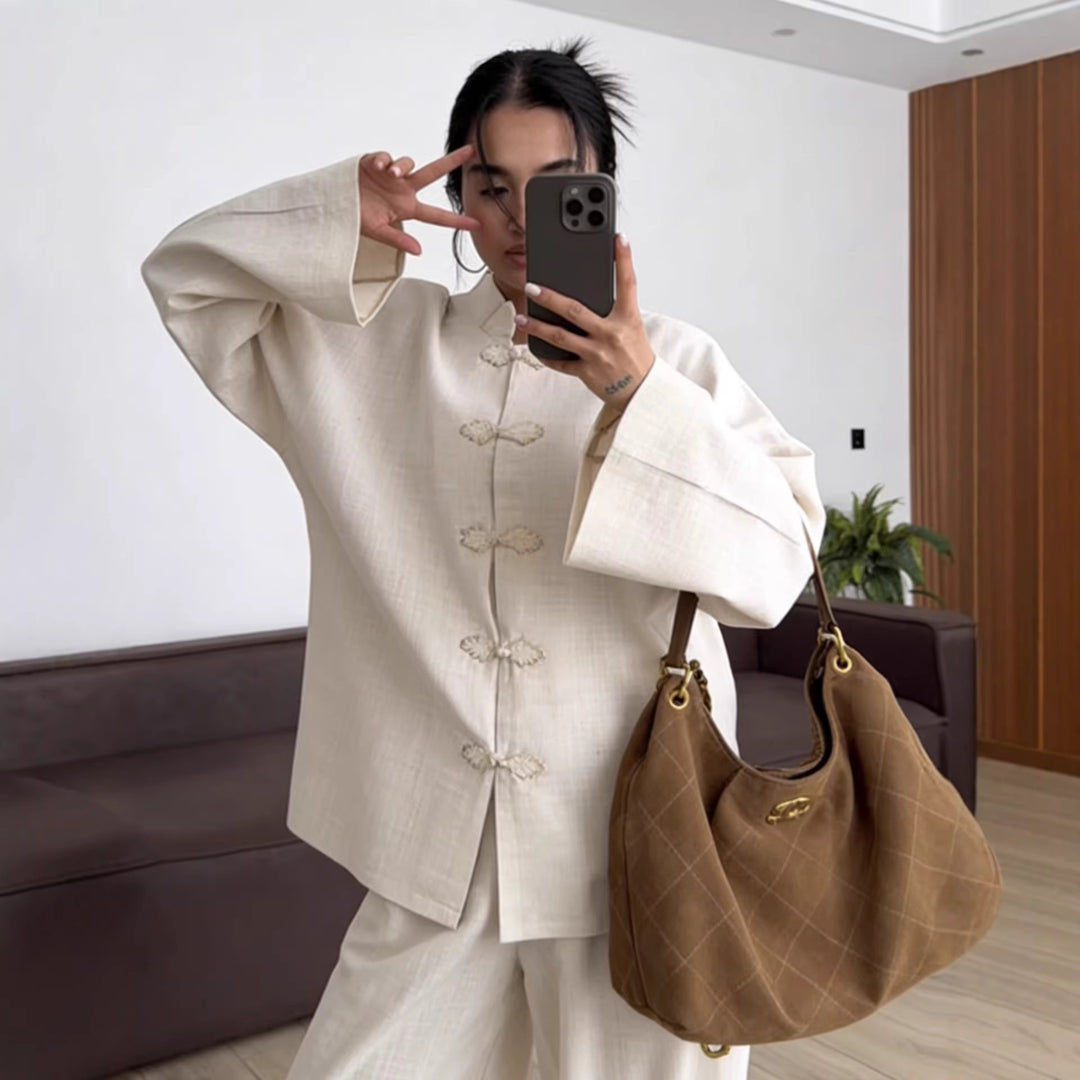 Damen Oversized Mandarinjacke mit Knotenverschlüssen und weitem Arm Nord Taschen