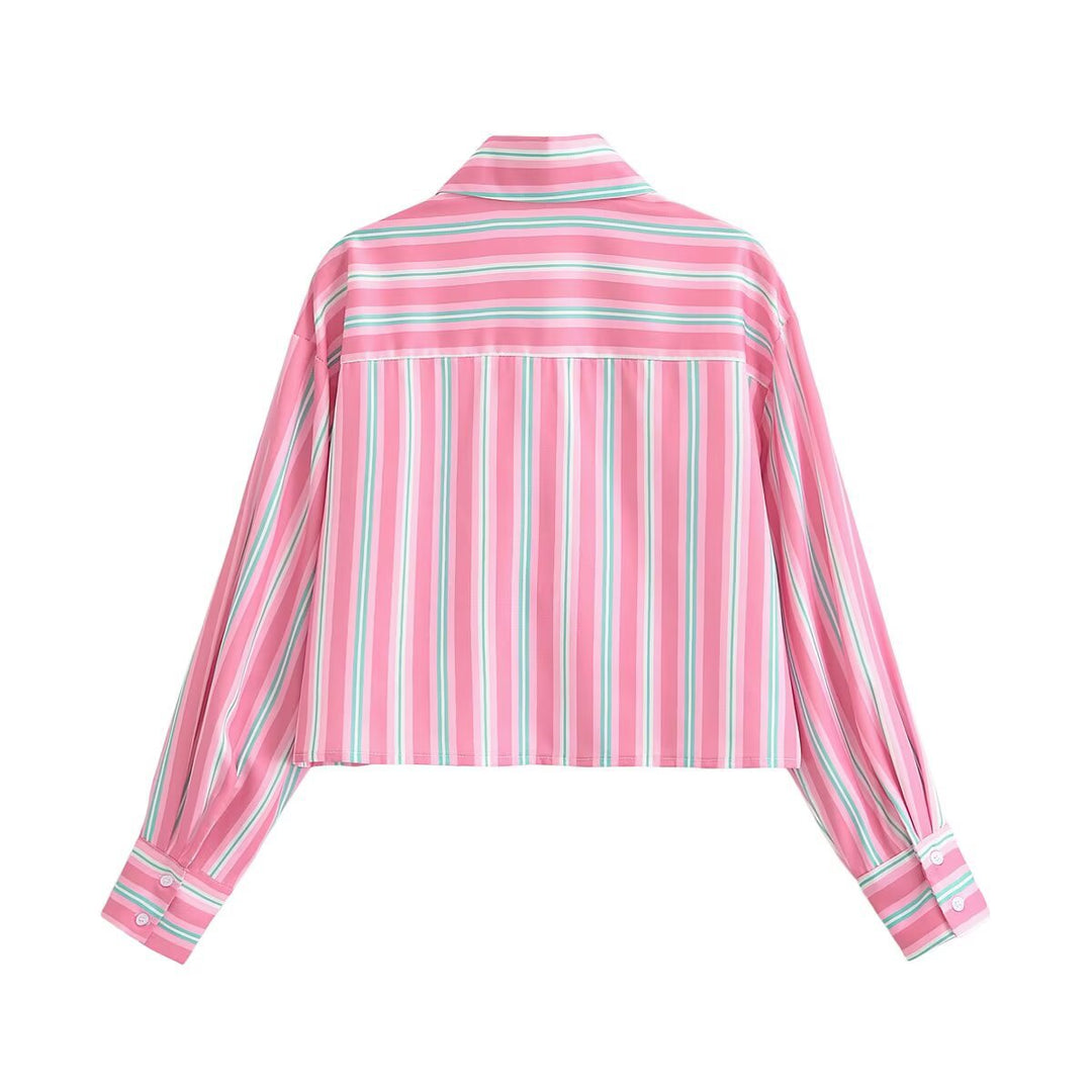 Damen Cropped-Hemdbluse im Streifenlook mit Spitzenbesatz und aufgesetzten Taschen Nord Taschen