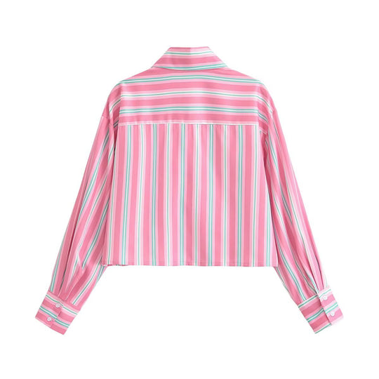 Damen Cropped-Hemdbluse im Streifenlook mit Spitzenbesatz und aufgesetzten Taschen Nord Taschen